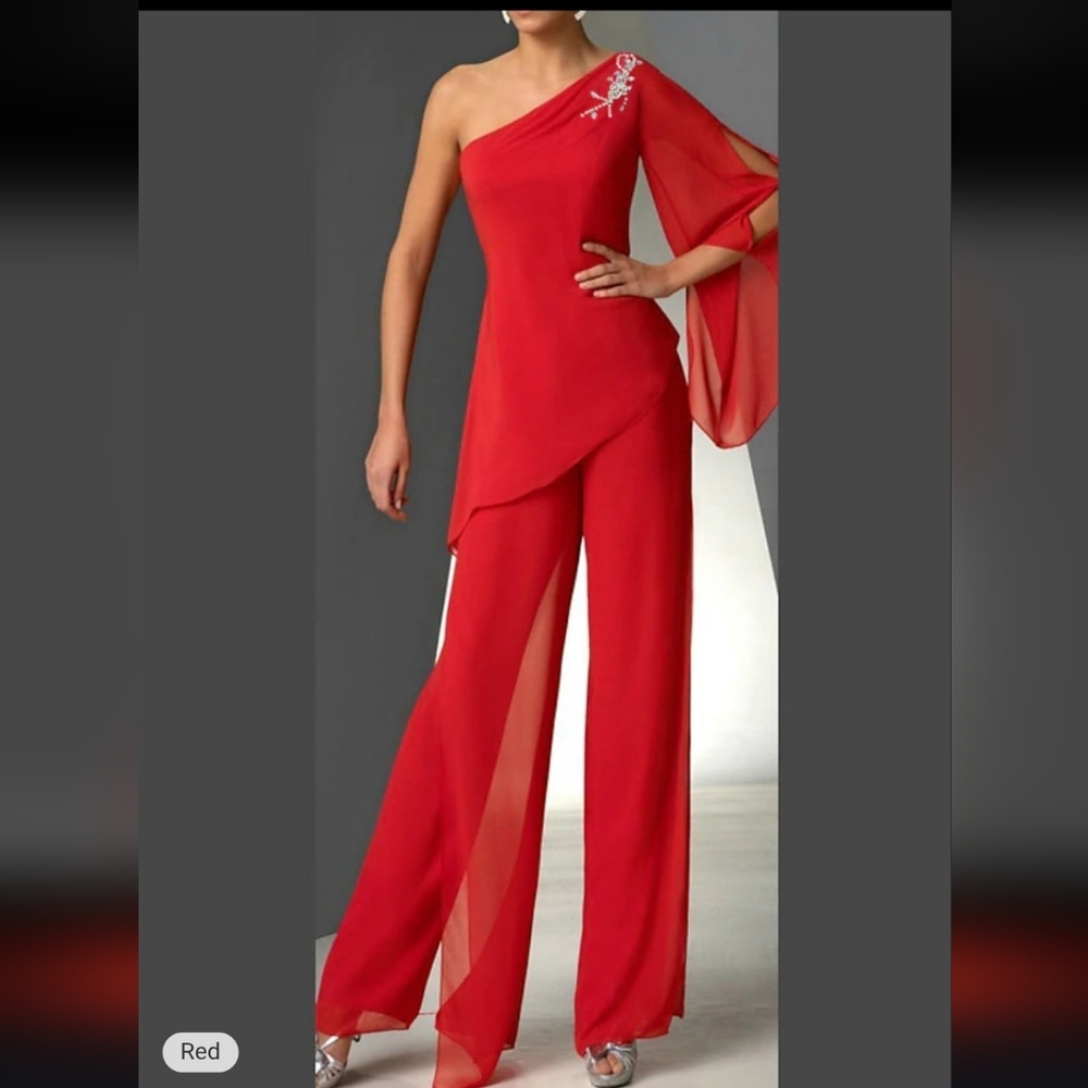 Nwot One-Shoulder Red Wide-Leg Jumpsuit with Sheer Draped Sleeve - Picture 1 of 11